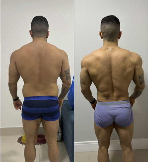 Aluno antes e depois do acompanhamento, vista de costas, com menos gordura e costas mais largas e definidas